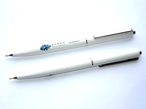 Белые ручки Senator Point с логотипом Dubna technopark